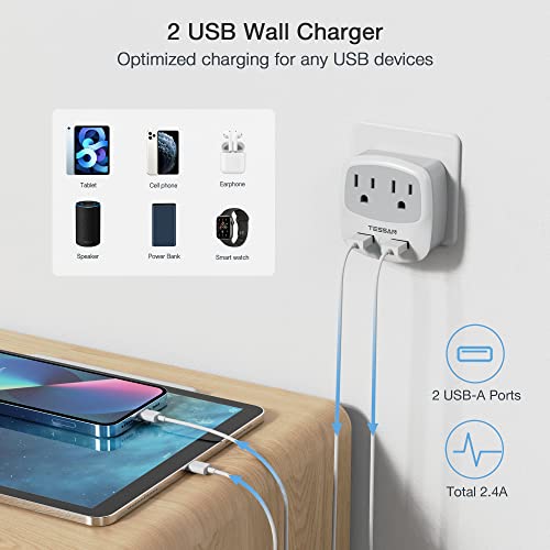 Image of TESSAN European Travel Plug Adapter Converter | International Power Plug Converter, 2 USB Ports, Type C Outlet, US to Most of Europe EU Iceland Spain Italy France Germany