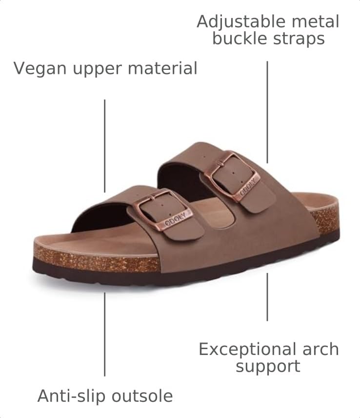 Image of ODOLY Unisex Comfortable Cork Footbed Slide Sandals with Arch Support | Adjustable Buckle, Lightweight Summer Sandals for Travel and Everyday Wear