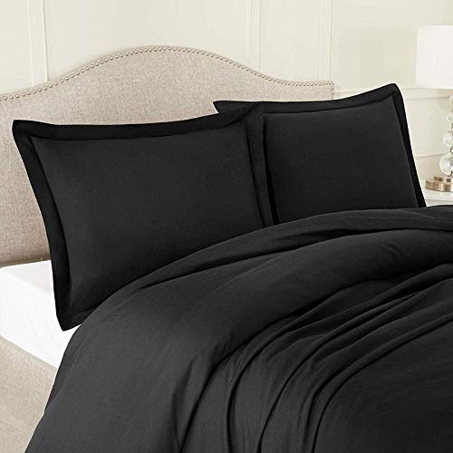 LUXURIOUS BEDDING UK Single Size 800 Thread Count Egyptian Cotton 25" Inch Deep Pocket Zipper Closure 3 PC Duvet Cover Set with Fitted Sheet Black Solid