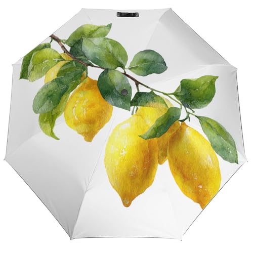 Parapluie pliant 3 volets motif citronnier aquarelle feuille jaune