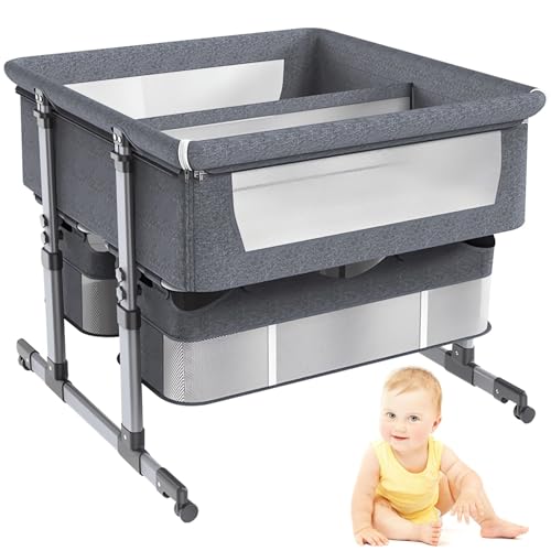 Cama para Bebé Gemelar, Cuna De Viaje Plegable con Cesta De Almacenaje, Colchón Suave, 6 Alturas Ajustables, Cama Portátil para Niños Pequeños Gray