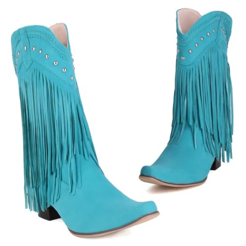 Image of KiutSymo Mid Calf Fringe Boots For Women Cowboy Pointed Toe Chunky Heels Cowgirl Western Tassel Boots