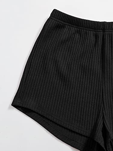 Soly Hux Womens Pajama Sets 3 Piece Lounge Set Ribbed Knit Cami Top And Shorts Soft Sleepwear With Robe Cardigan Solid Black S #TOP3