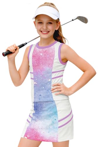 Image of AOBUTE Girls Tennis Golf Outfit Tank Top and Skirt with Shorts Set 4-12 Years
