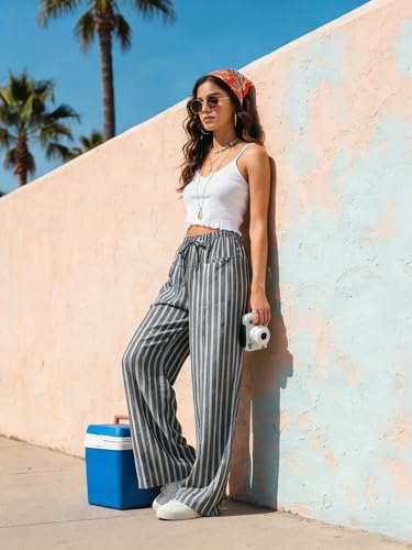 Image of MISSACTIVER Women Drawstring Striped Pants Loose Wide Leg Trousers Casual Low Waist Pants Comfy Lounge Pants with Pockets