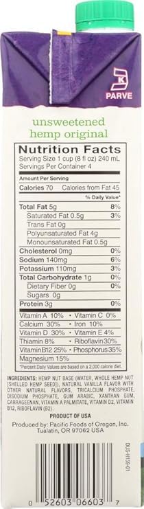 Pacifc Natural Foods Hemp Milk, Non-Dairy, Unsweetened Original 32 oz. (Pack of 12)