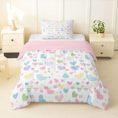 Image of Erosebridal Cute Heart Twin Comforter Set Valentine Love Heart Bedding Set for Kids Girls Rainbow Hand Drawn Style Comforter Cartoon Geometric Duvet Insert