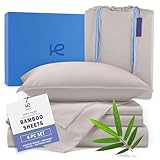 Kickoff Viscose Bamboo Sheets Queen Size 4-pc 100% Organic Bamboo Viscose Bed Cooling Sheets Queen Size Set Cool Bedding for hot Sleepers Sheet, Flat, Fitted, Pillowcases (Light Grey, Q)