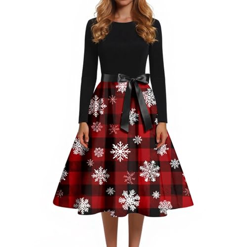 Weihnachtskleid Damen Kleid Weihnachten Elegant Langarm Weihnachts Kleider mit Weihnachtsmotiv Lustig Rockabilly Vintage A-Linie Swing Partykleid...