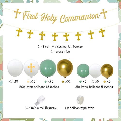 Baptism Decorations Green Gold, First Holy Communion Decorations with Sage Green and Gold Balloon Garland Kit Cross Balloons Banner for First Communion Confirmation Decor - Thumbnail 2