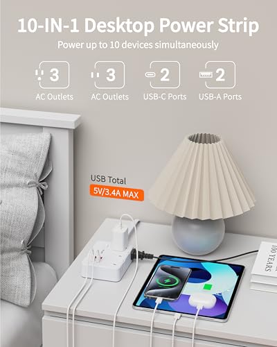 image for DEPOW Surge Protector Power Strip with Flat Plug, 3 FT Extension Cord 