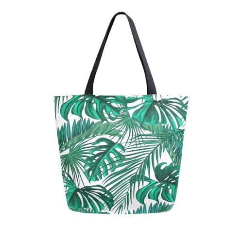 Image of Palm Leaf Canvas Tote Grocery Bag Shoulder Casual Book Bag Large for Women Teachers, Tropical Palm Cotton Bag Shopping Purse Handbag Reusable Multipurpose Use