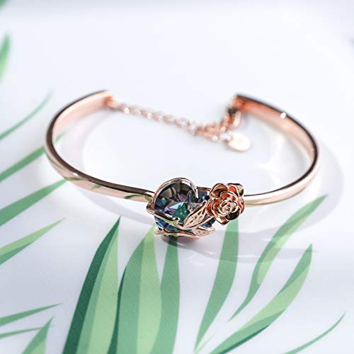 Aoboco Sterling Silver Blue Purple Rose Flower Heart Bangle Bracelet Embellished With Crystals From Austria, Fine Anniversary Birthday Rose Flower Jewelry Gifts For Wife Girlfriend Daughter Mom-Rose And Heart #TOP1