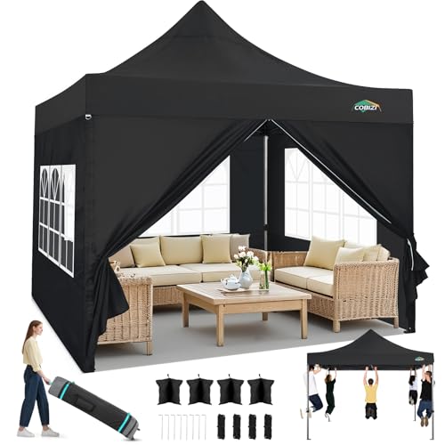Image of COBIZI 10x10 Heavy Duty Pop Up Canopy Tent with 4 Sidewalls, Black