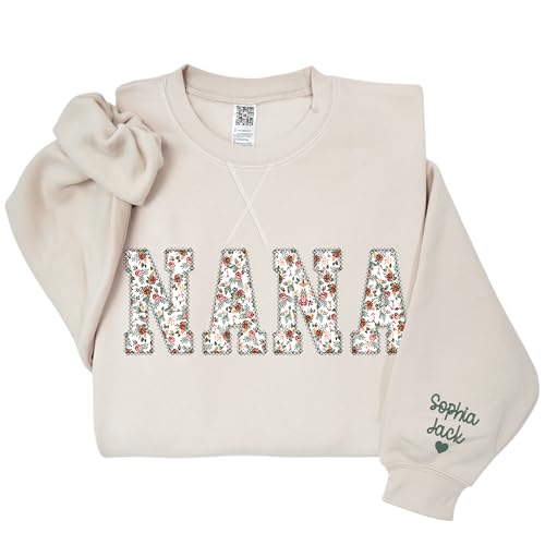 GODMERCH Personalized Embroidered Floral Applique Grandma Nana Gigi Mimi Sweatshirt Gifts For Nana Mimi Mothers Day