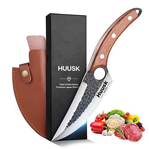 Huusk Viking Knives, Hand Forged Butcher Boning Knife Japanese Meat Knife with Sheath Cool Caveman Knives for Kitchen and Outdoor Camping, Gift for Fathers