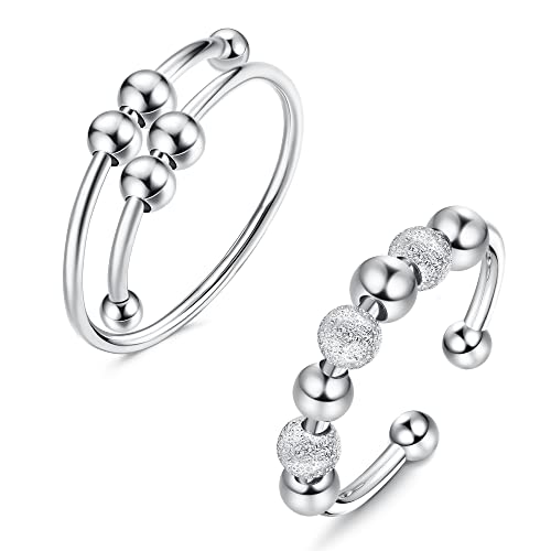 KALVICA 2 pcs Anillo Giratorios de Plata de Ley para Mujer Esterlina con Perlas Anillo Antiestres Fidget Anillos Ansiedad Spinner Apilables Anillos Plata Ajustables