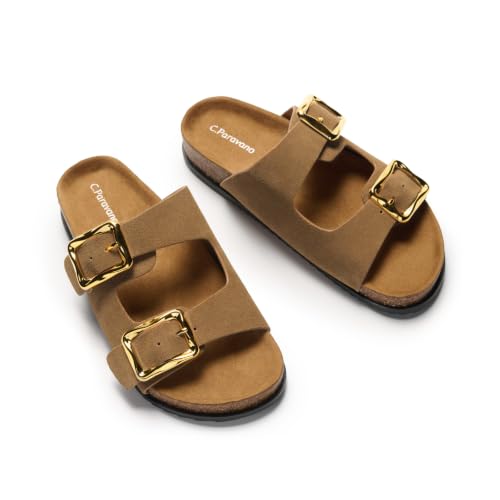 Image of C.Paravano Women Suede Leather Slide Sandal Slip on Wide Width Arch Support | Flat feet friendly, Contoured cushioned footbed, Wide-foot friendly, Great for walking, Adjustable metal buckle, Beach sandal