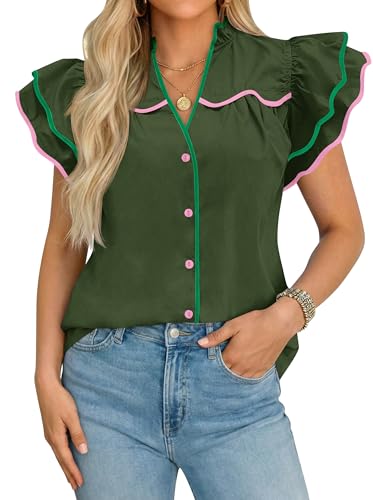 Image of Tankaneo Womens Ruffle Sleeve Boutique Babydoll Tops Summer V Neck Blouse Color Block Dressy Casual Loose Fit Shirts