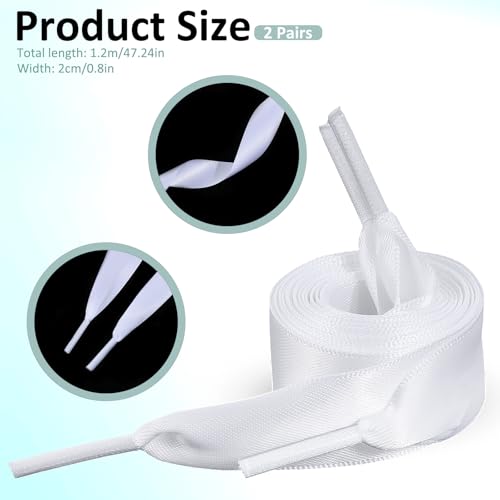 2 Pairs Satin Ribbon Shoelaces, 2cm Wide Flat Shoe Laces for Women Fashion White Flat Shoestring for Sneaker Skate Shoes Boots Sport Shoes DIY Decor2