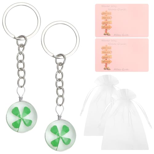 HENGBIRD 2 piezas amuletos de la suerte y proteccion de despedida colegas,trebol 4 hojas de la suerte con tarjeta fina y bolsa de organza, regalo para despedida trabajo dregalo compañera trabajo