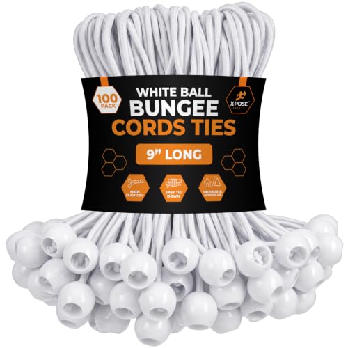 Image of Xpose Safety Bungee Ball Cords 9 inch 100 Pack Heavy Duty White Stretch Rope with Ball Ties for Canopies, Tarps, Walls, Cable Organization