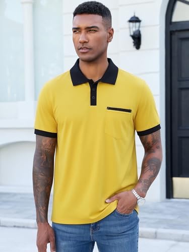 Image of Men's Casual Polo Shirts Summer Short Sleeve Contrast Collar Buttoned Tee Polo Shirt with Pocket