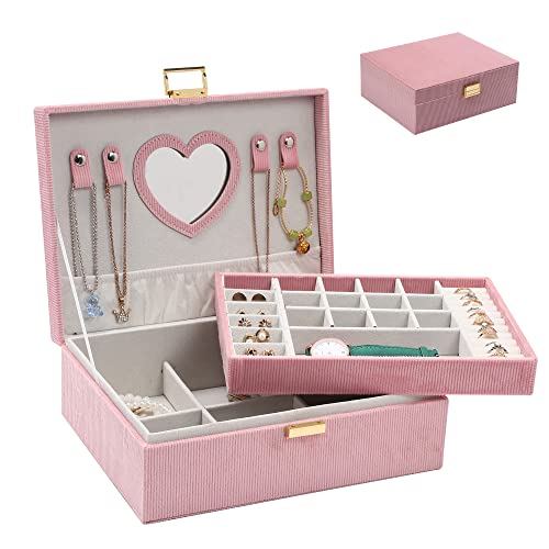 Dajasan Jewelry Boxes For Women Girls, Jewelry Organizer Box, 2-Layer Large Velvet Jewelry Organizer For Rings Necklaces Bracelets Watch Earring（Pink） #TOP3