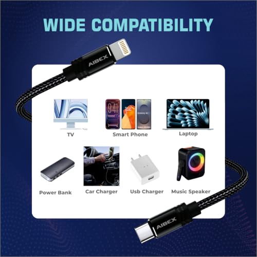 Image of AIBEX MFi Compatible USB-C to Lightning Fast Charging Cable for iPhone 14, 13, 12, 11, X, 8, iPad, AirPods | PD Charger Cord, Type-C Lightning Data Sync Cable, Braided 1 Meter, Black