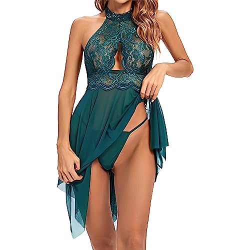 Image of Polyester Spandex & Lace Floral Lingerie for Women Lace Babydoll with G-String Sleepwear Chemise V Neck Mesh Sleepwear Sling Dress Beautifull Babydoll Lingerie Honeymoon
