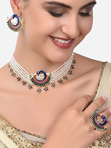 ZAVERI PEARLS Multicolor Meenakari Peacock Inspired Multistrand Pearls Choker Necklace Earring & Ring Set For Women-ZPFK14436 - Image 2