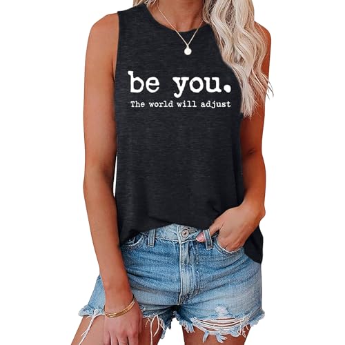 Deyaidy Graphic Funny Tank Tops for Women Be You The World Will Adjust Tshirt Positive Inspirational Shirts Sleeveless Tees(Deep Gray M)