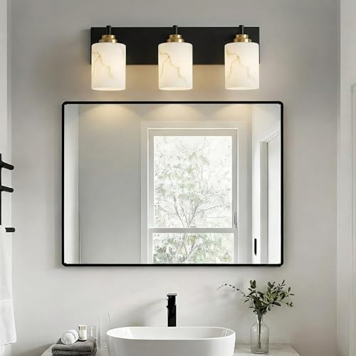Image of 3-Light Bathroom Light Fixture, Black and Gold Modern Vanity Light with White Marble Glass Shade, for Bathroom Mirror, Living Room, Bedroom, Hallway, E26 Base, Extended Base