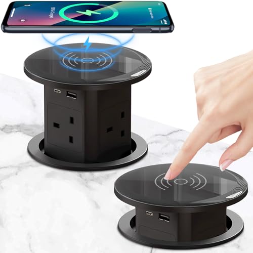 Pop Up Socket with 15W Wireless Charging - 4 AC Outlets, 1 USB Port, and 1 x 20W Type-C Port for Kitchen and Workspace, Overload Protection, Safe Power Solution [UK 13A / 110-250V / 3250W ] (Black)