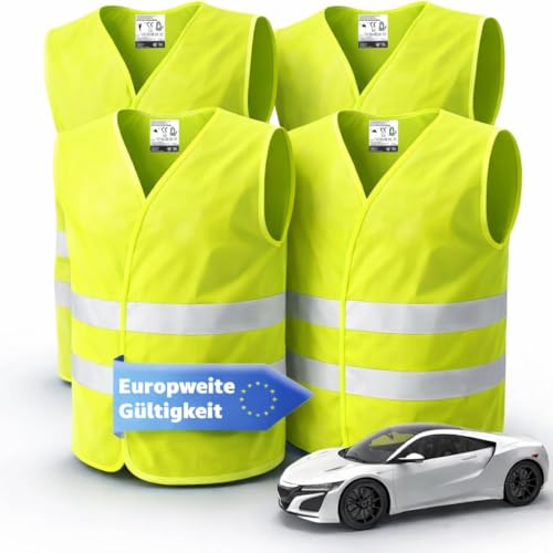 POWR CAR 4x Warnwesten Auto 2026: Sicherheitsweste ISO20471 gelb - PKW & LKW - Reflektierende Pannen- und Unfallwesten - Autozubehör