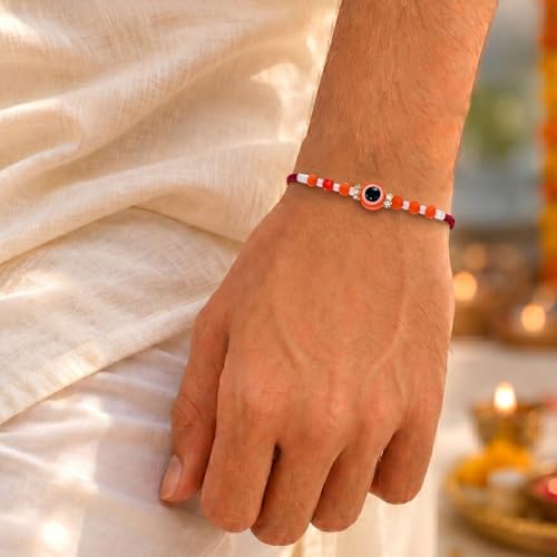 Image of Peora Evil Eye & Crystals Studded Rakhi for Brother Bhaiya | Red Thread | Raksha Bandhan Hamper with Roli Chawal Greeting Card