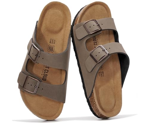 Image of Project Cloud 100% Genuine Leather Flat Sandals For Women 2026 Cork Footbed Womens Sandals with Memory Foam and arch support Vacation Essentials Slides for Women Footwear (Venita)