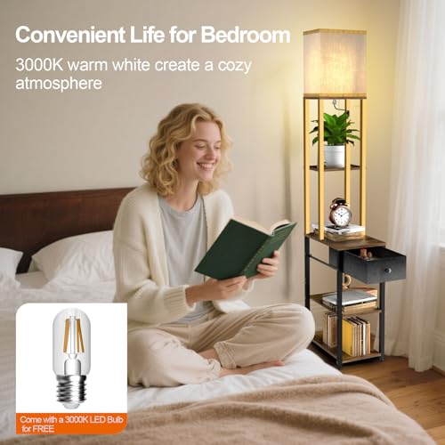 Image of Lightdot Floor Lamp with Shelves&Drawer, Black and Gold Sofa Lamp with Fabric Shade, Display Corner Floor Lamp with Storage Table for Living Room /Bedroom /Sofa Beside /Corner Decor(Bulb Include)