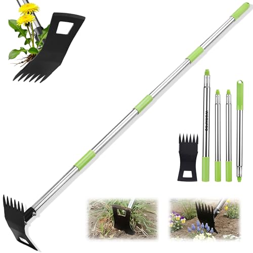 WORKPRO Weed Puller Tool with Long Handle 2-in-1 Garden Hoe & Weed Rake 29-56 Adjustable Manual Weeding Tool Uprooting Weed Remover Gardening Weeder Tools for Yard Lawn Patio and Garden