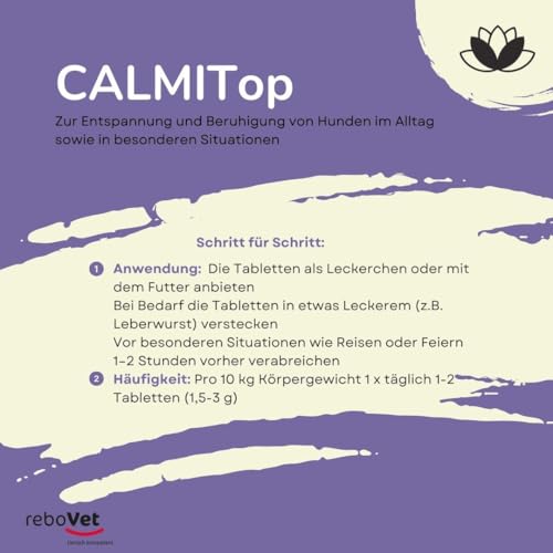 CalmiTop Ergänzungsfuttermittel zur Förderung eines ausgeglichenen und entspannten Verhaltens: Kann natürlich beruhigen mit Tryptophan & Baldrian, Einfache Dosierung, Made in Germany, 100 Stück