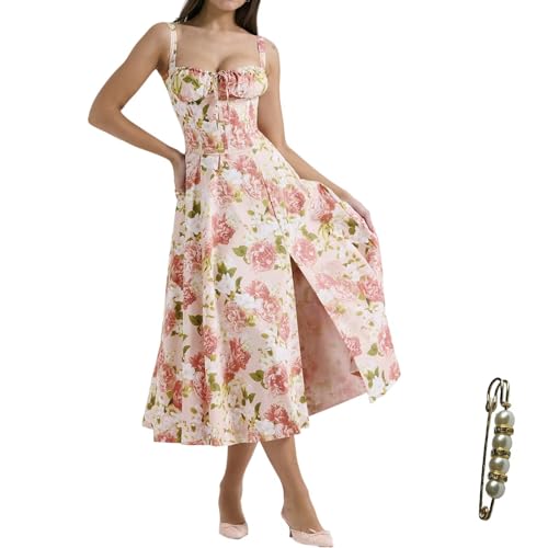 Image of Floral Corset Midi Dress Square Neck A Line Dress with Slit | Square neck floral midi dress with front tie bust wide straps A-line skirt side slit and lightweight fabric