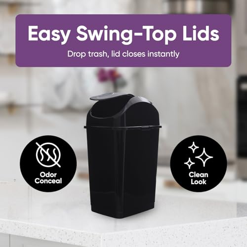 Image of Superio Mini 1.25 Gallon and Small 2.5 Gallon Plastic Trash Cans with Swing Top Lid, Grey Waste Bin for Countertop, Desk, Vanity, Bathroom, 2 Pack (Black)