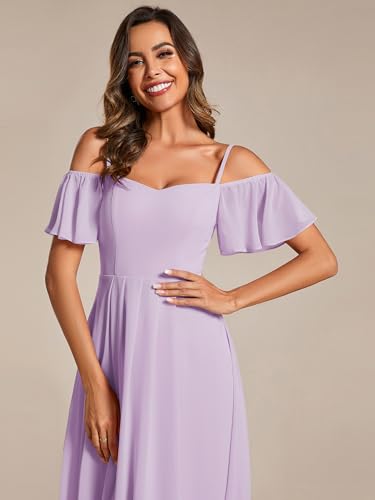 Image of Ever-Pretty Women's Summer Cold Shoulder Hi-Lo Asymmetrical Hem Flowy Chiffon Short Wedding Guest Dress 02103