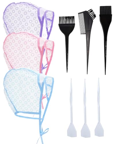 YAPKOLV Gorros para Mechas Profesional, Kit de 3 Gorras, 3 Ganchos y 3 Cepillos. Ideal para Teñir Cabello en Casa o Salón.