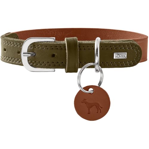 HUNTER Hundehalsband LEMVIG, Farbe: Cognac/Oliv, Leder, belastbar & strapazierfähig, angenehm weich, komfortabel, elegant & trendig, Made in Germany, Größe: 55