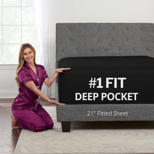 Queen Fitted Sheet Only Deep–Pocket – Extra Deep Pocket Queen Fitted Sheet – 21” Fitted Sheets Perfectly Fit 17”–23” Deep Mattress & Toppers – Lovely Joyful Feel – 1 Bottom Sheet Queen Size – Black