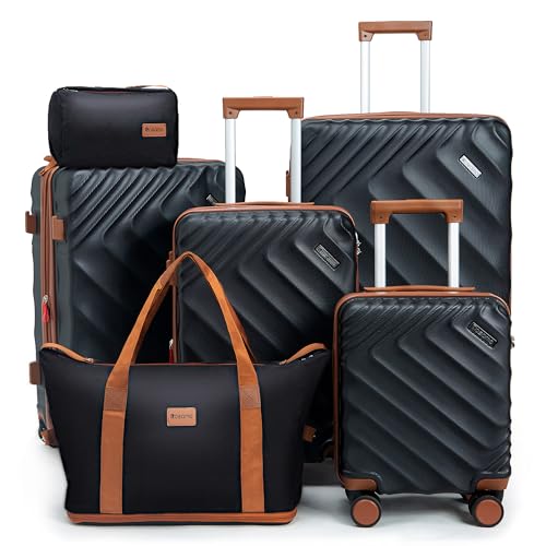 Image of 6 piece Luggage Set Expandable Suitcase 22x14x9 Airline Approved Carry on, ABS Hard Case Suitcases with Spinner Wheels, TSA Lock, (Black)