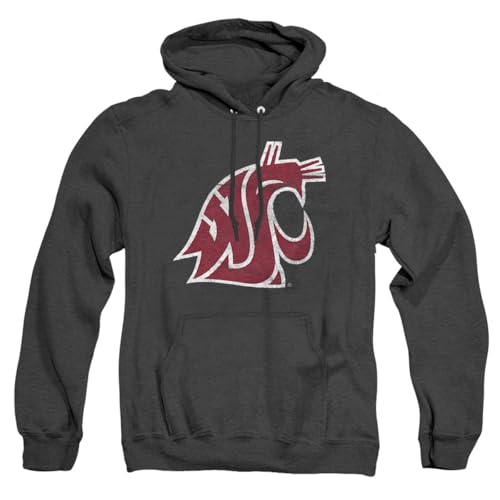 Washington State University Official Distressed Primary Unisex Adult Pull-Over Heather Hoodie,Black Heather, X-Large
