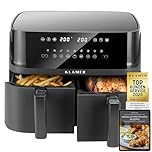 KLAMER Heißluftfritteuse Duo 9 L – Doppelkammer Airfryer mit 2 Körben & Digitaldisplay, 10 Automatikprogramme, Dual-Funktion, Timer, 3000 W Heißluft-Zirkulation, spülmaschinengeeignet