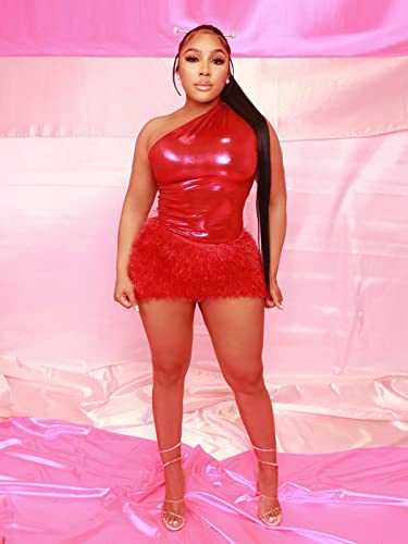 XZLUFNY Women's 2 Piece Summer Outfits One Shoulder Bodysuit Fur Bodycon Skirt Dress Set2